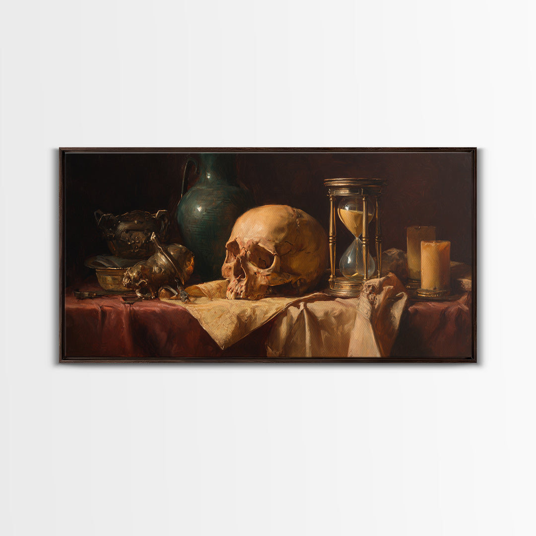 Skull and Hourglass Vanitas Still Life Framed Canvas Print, Baroque Art, Neutral Decor, Living Room Decor, Fine Art, Ornate, BAO-2x1-1