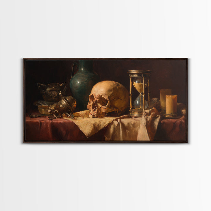 Skull and Hourglass Vanitas Still Life Framed Canvas Print, Baroque Art, Neutral Decor, Living Room Decor, Fine Art, Ornate, BAO-2x1-1