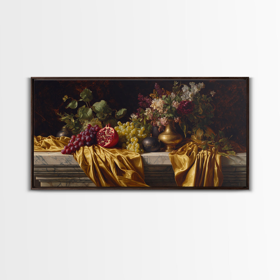 Pomegranate and Grapes on a Marble Ledge Framed Canvas Print, Baroque Art, Eclectic Wall Art, Living Room Decor, Ornate, BAO-2x1-100