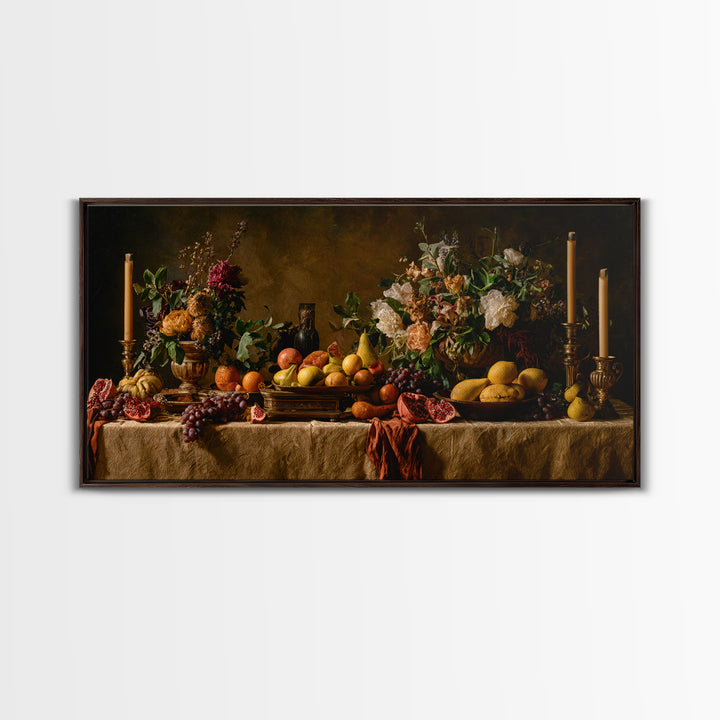 Lavish Banquet Fruit Composition Framed Canvas Print, Baroque Art, Neutral Decor, Living Room Decor, Fine Art, Ornate, BAO-2x1-16