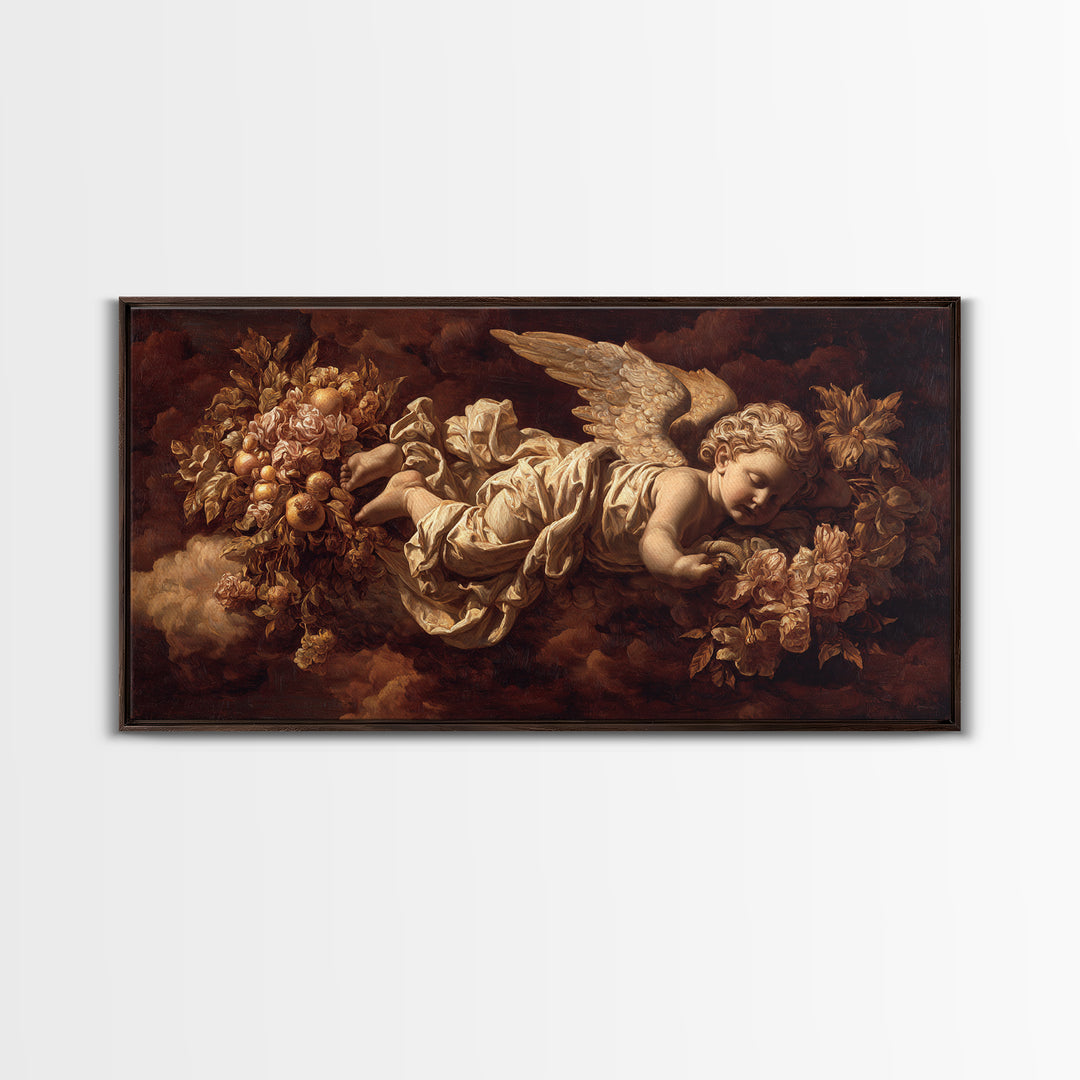 Ornate Cherub Figure Surrounded by Clouds and Canvas Print, Baroque Art, Art Nouveau Decor, Living Room Decor, Fine Art, Ornate, BAO-2x1-22