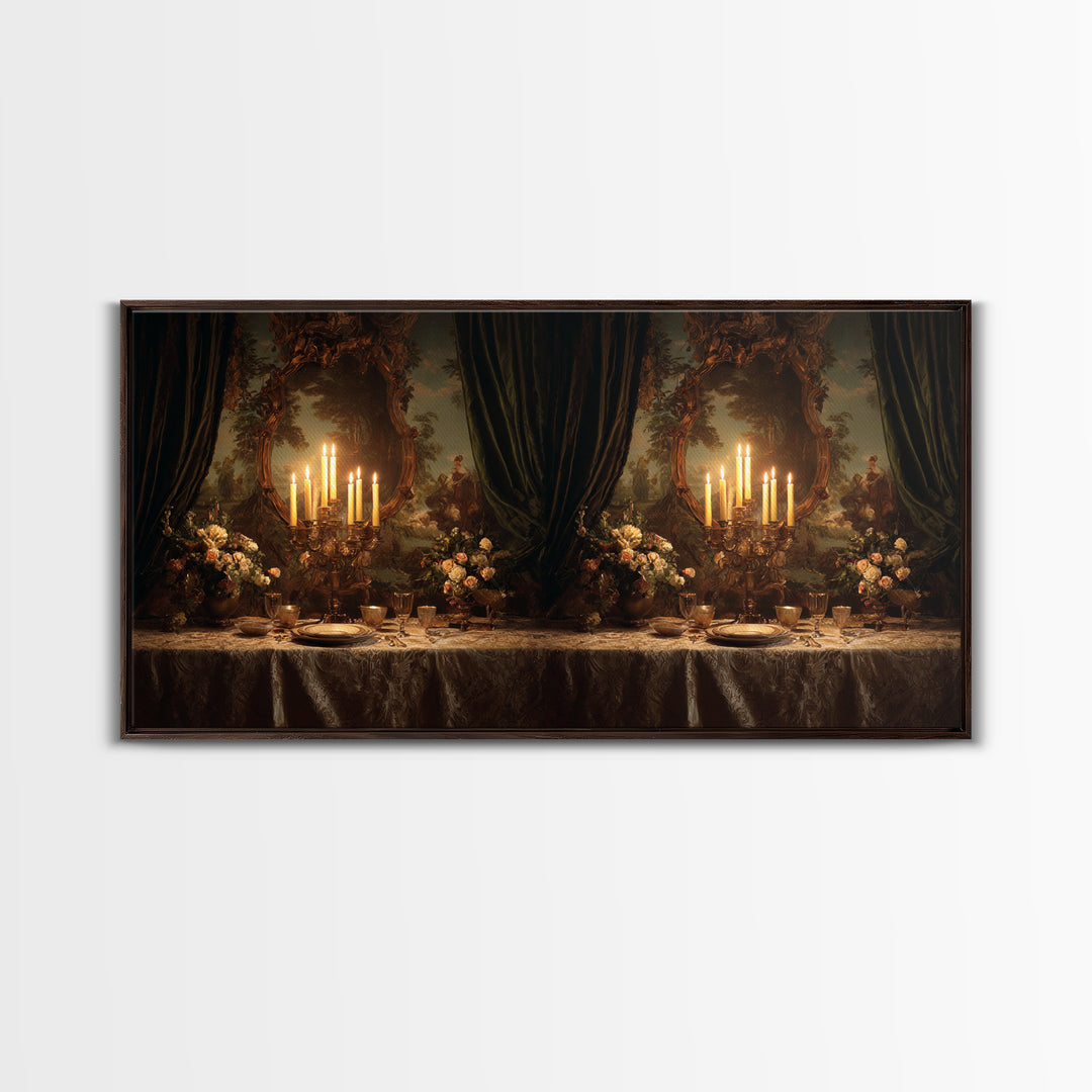 Velvet Drapery with Pearls Flowers and Candlelight Framed Canvas Print, Baroque Art, Wall Art, Living Room Decor, BAO-2x1-23