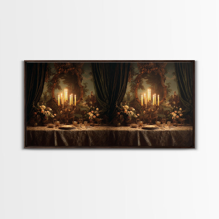 Velvet Drapery with Pearls Flowers and Candlelight Framed Canvas Print, Baroque Art, Wall Art, Living Room Decor, BAO-2x1-23