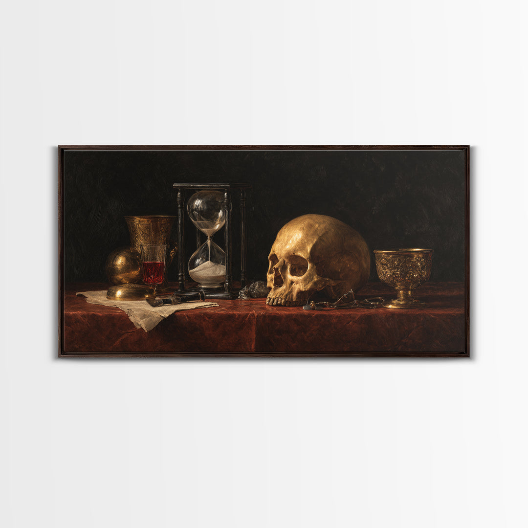 Skull and Hourglass Vanitas Still Life Framed Canvas Print, Baroque Art, Neutral Decor, Living Room Decor, Fine Art, Ornate, BAO-2x1-25