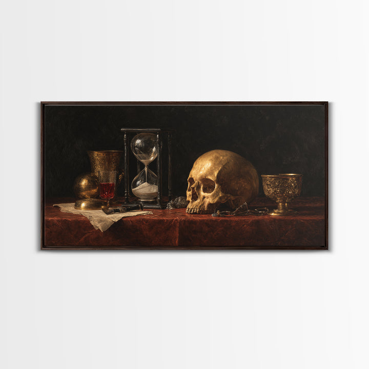 Skull and Hourglass Vanitas Still Life Framed Canvas Print, Baroque Art, Neutral Decor, Living Room Decor, Fine Art, Ornate, BAO-2x1-25