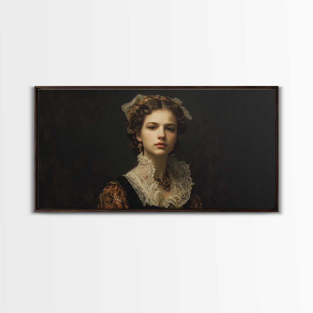 Classical Portrait with Lace Collar and Jewel Framed Canvas Print, Baroque Art, Oil Painting, Living Room Decor, Ornate, BAO-2x1-3