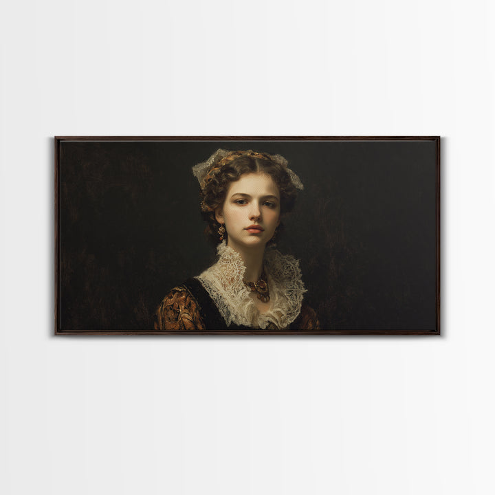Classical Portrait with Lace Collar and Jewel Framed Canvas Print, Baroque Art, Oil Painting, Living Room Decor, Ornate, BAO-2x1-3