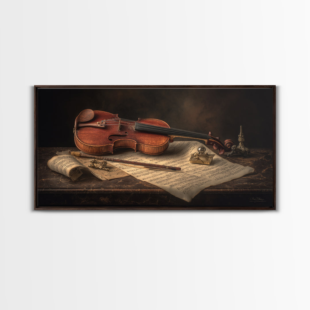 Baroque Violin and Sheet Music Still Life Canvas Print, Baroque Art, Art, Living Room Decor, Fine Art, Ornate, Modern Wall Art, BAO-2x1-31
