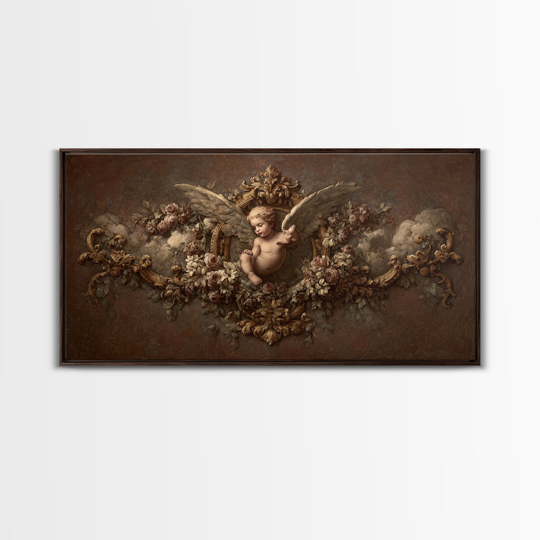 Ornate Cherub Figure Surrounded by Clouds and Framed Canvas Print, Baroque Art, Neutral Decor, Living Room Decor, Ornate, BAO-2x1-46