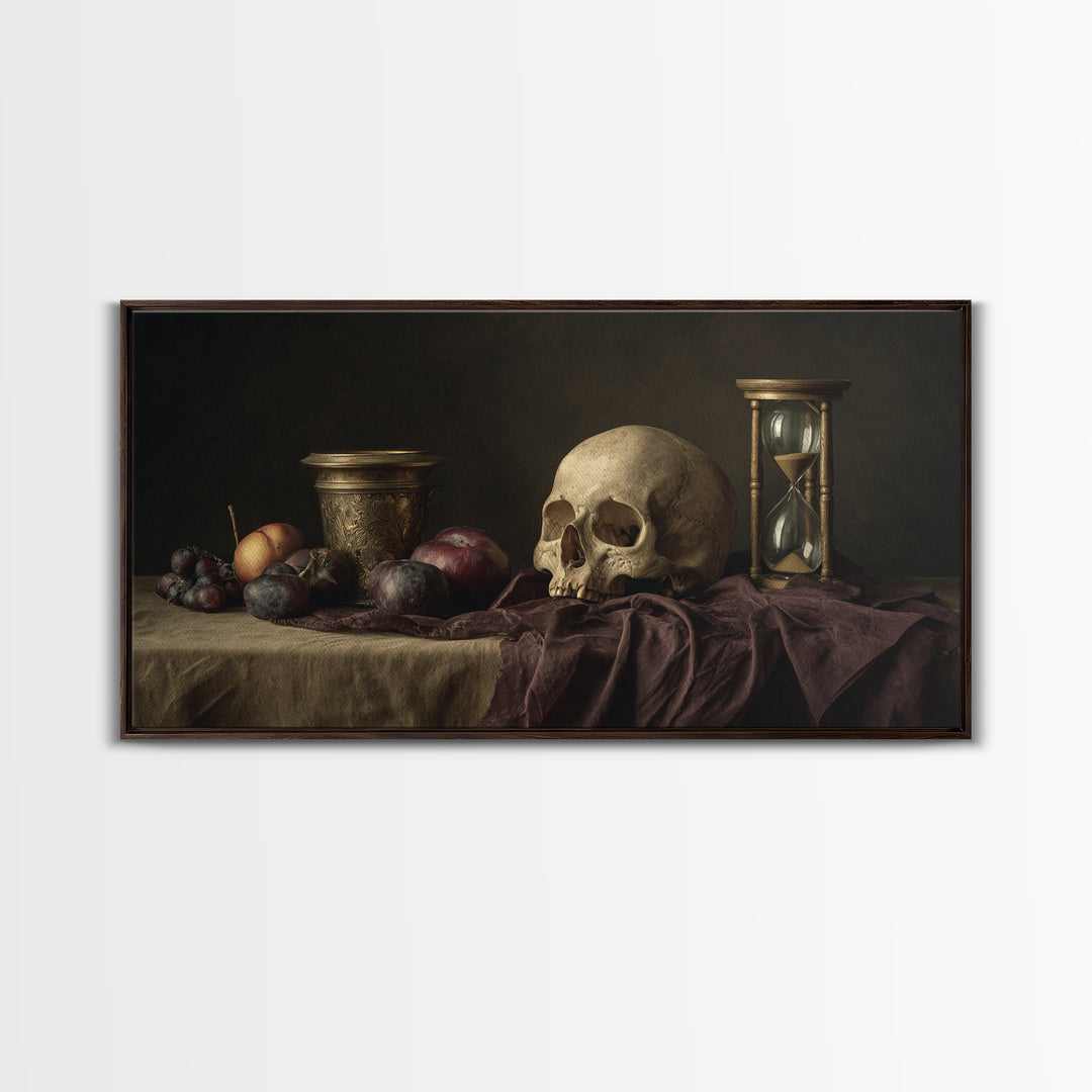 Skull and Hourglass Vanitas Still Life Canvas Print, Baroque Art, Luxury Decor, Living Room Decor, Ornate, Oil Painting, BAO-2x1-49