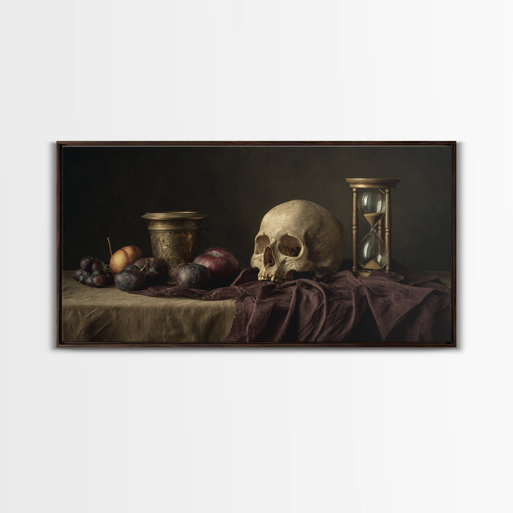 Skull and Hourglass Vanitas Still Life Canvas Print, Baroque Art, Luxury Decor, Living Room Decor, Ornate, Oil Painting, BAO-2x1-49