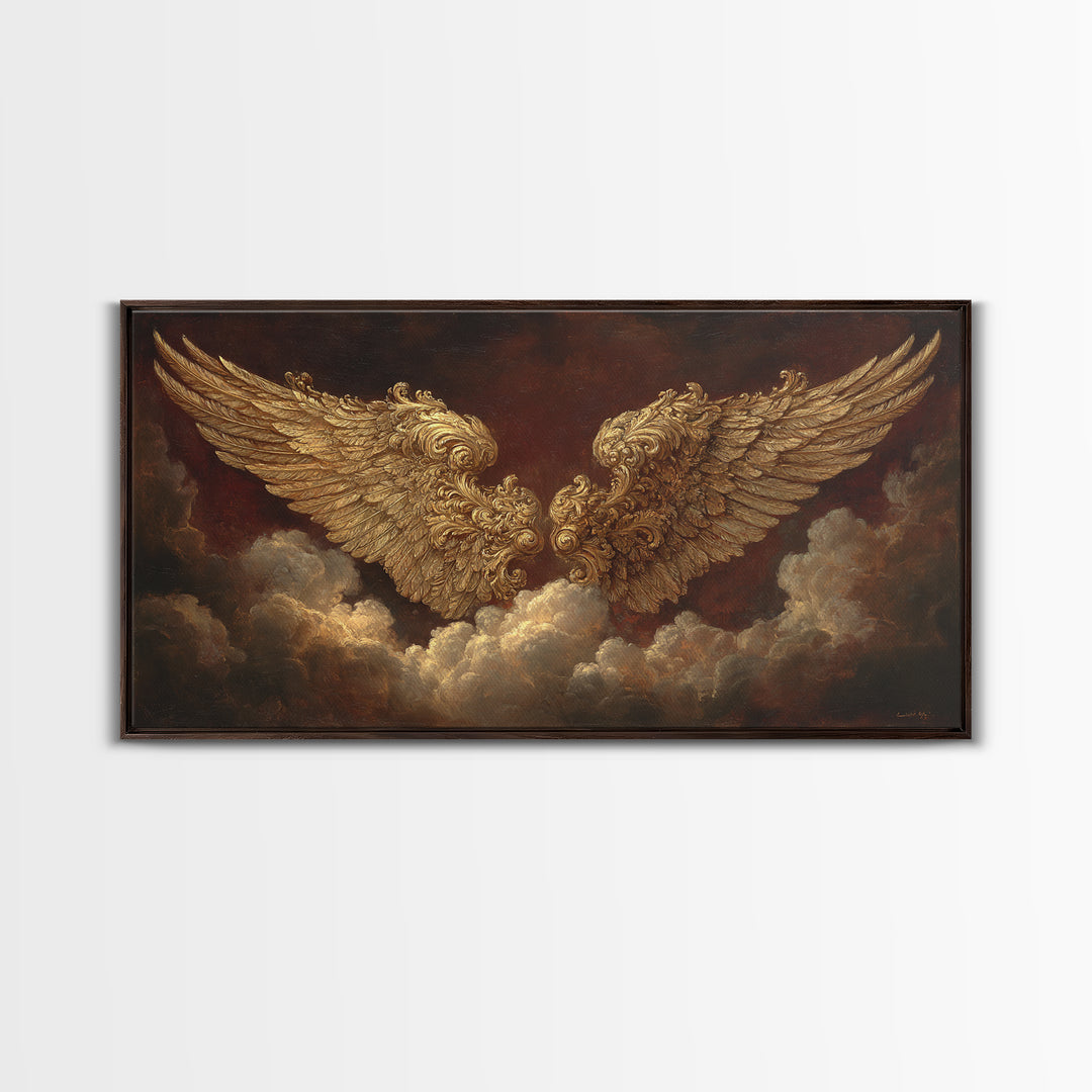 Gilded Angel Wings Emerging from Storm Clouds Framed Canvas Print, Baroque Art, Modern Decor, Living Room Decor, Ornate, BAO-2x1-50