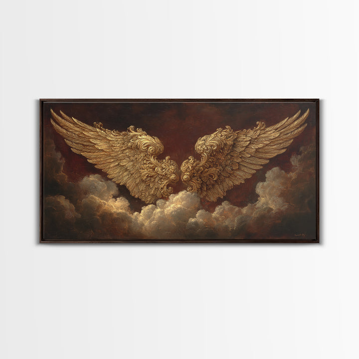 Gilded Angel Wings Emerging from Storm Clouds Framed Canvas Print, Baroque Art, Modern Decor, Living Room Decor, Ornate, BAO-2x1-50