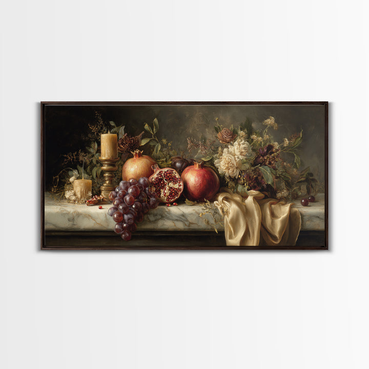 Pomegranate and Grapes on a Marble Ledge Canvas Print, Baroque Art, Art, Living Room Decor, Fine Art, Ornate, Modern Wall Art, BAO-2x1-52