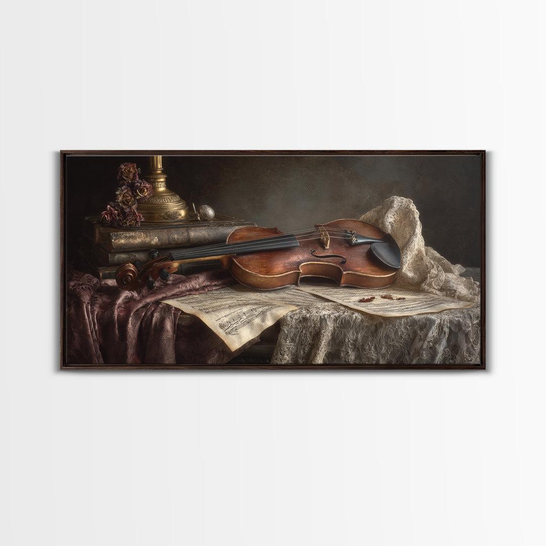 Baroque Violin and Sheet Music Still Life Framed Canvas Print, Baroque Art, Digital Wall Art, Living Room Decor, Ornate, BAO-2x1-55