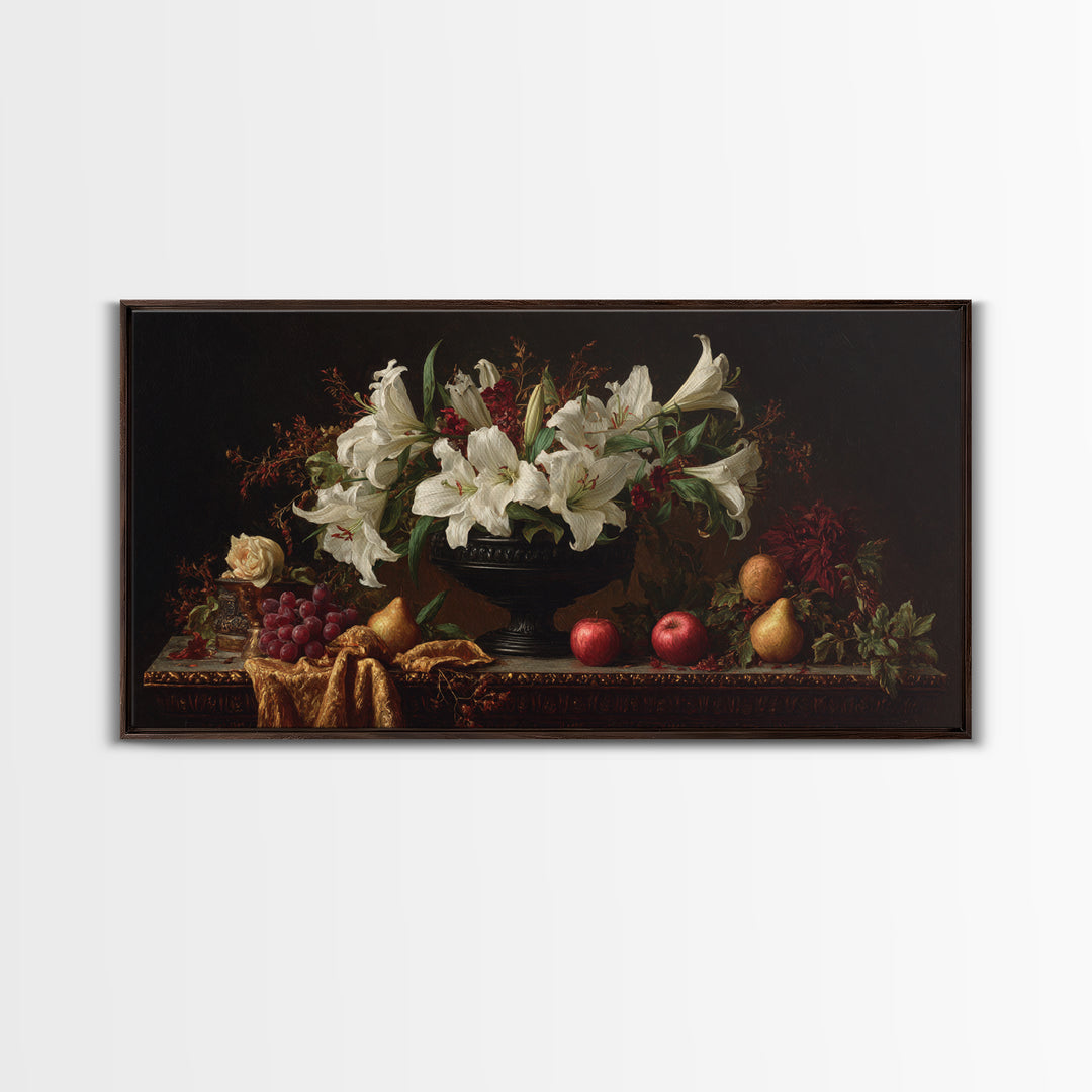 Dramatic White Lilies Framed Canvas Print, Baroque Art, Painting, Living Room Decor, Fine Art, Ornate, Living Room Wall Art, BAO-2x1-56