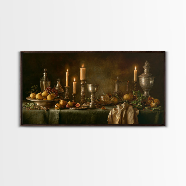Candlelit Table with Silver Goblet and Figs Canvas Print, Baroque Art, Fine Art Print, Living Room Decor, Fine Art, Ornate, BAO-2x1-57