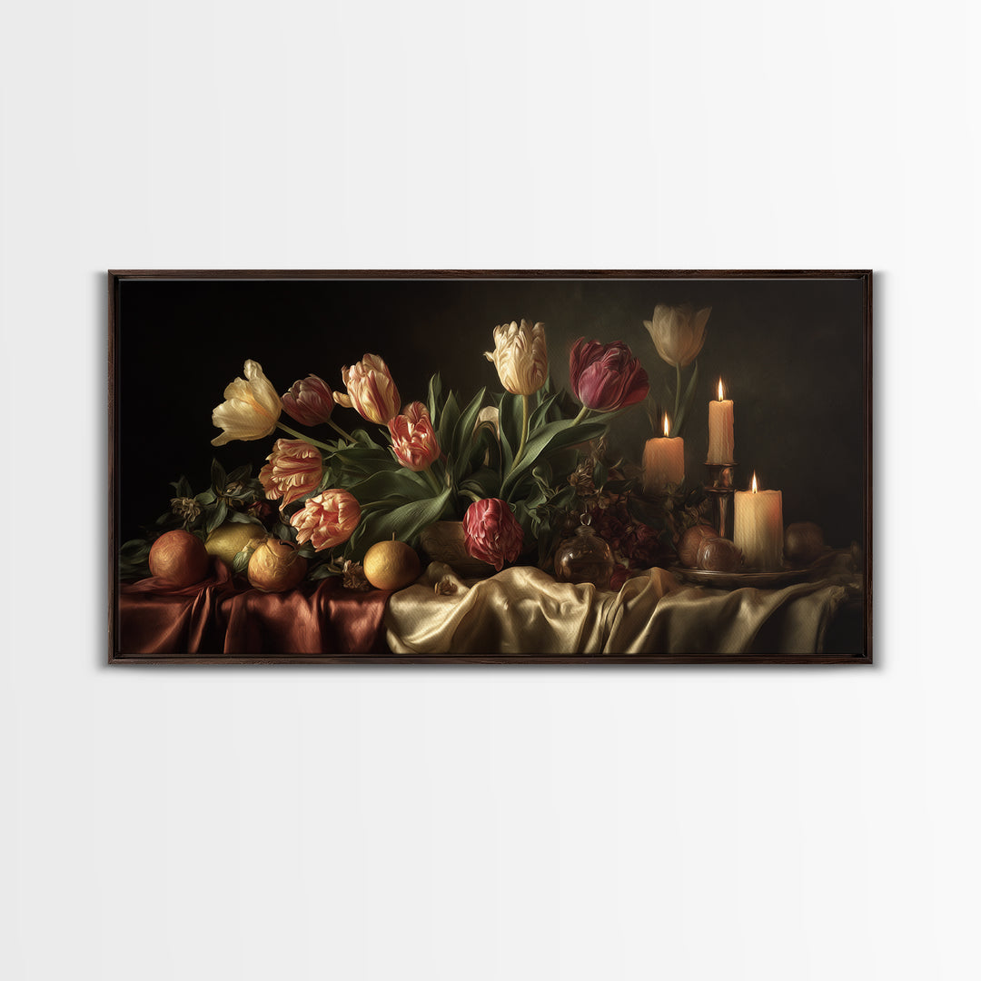 Black Background Tulips Framed Canvas Print, Baroque Art, Decor, Living Room Decor, Oil Painting, Ornate, Moody Wall Art, BAO-2x1-60