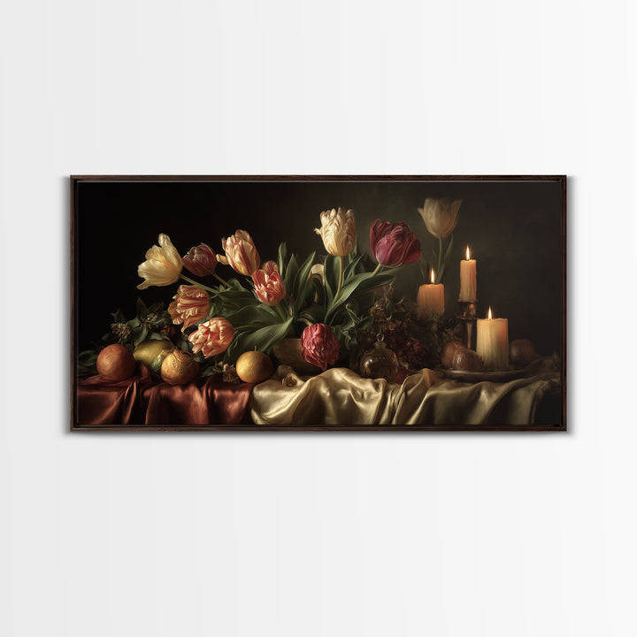 Black Background Tulips Framed Canvas Print, Baroque Art, Decor, Living Room Decor, Oil Painting, Ornate, Moody Wall Art, BAO-2x1-60