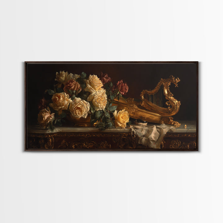 Golden Harp and Roses Canvas Print, Baroque Art, Gallery Decor, Living Room Decor, Oil Painting, Ornate, Minimalist Decor, BAO-2x1-62