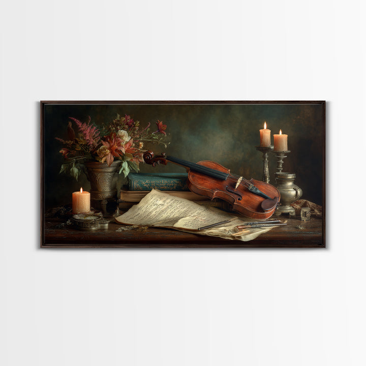 Baroque Violin and Sheet Music Still Life Framed Canvas Print, Baroque Art, Textured Painting, Living Room Decor, Ornate, BAO-2x1-7