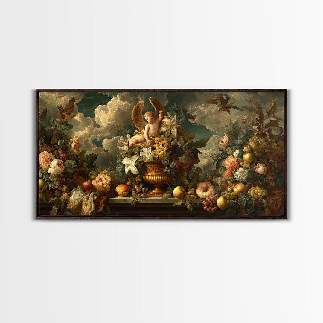 Ornate Cherub Figure Surrounded by Clouds and Canvas Print, Baroque Art, Luxury Decor, Living Room Decor, Fine Art, Ornate, BAO-2x1-70