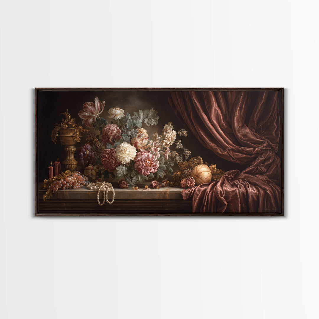 Velvet Drapery with Pearls Flowers and Candlelight Canvas Print, Baroque Art, Minimalist Wall Art, Living Room Decor, Ornate, BAO-2x1-71