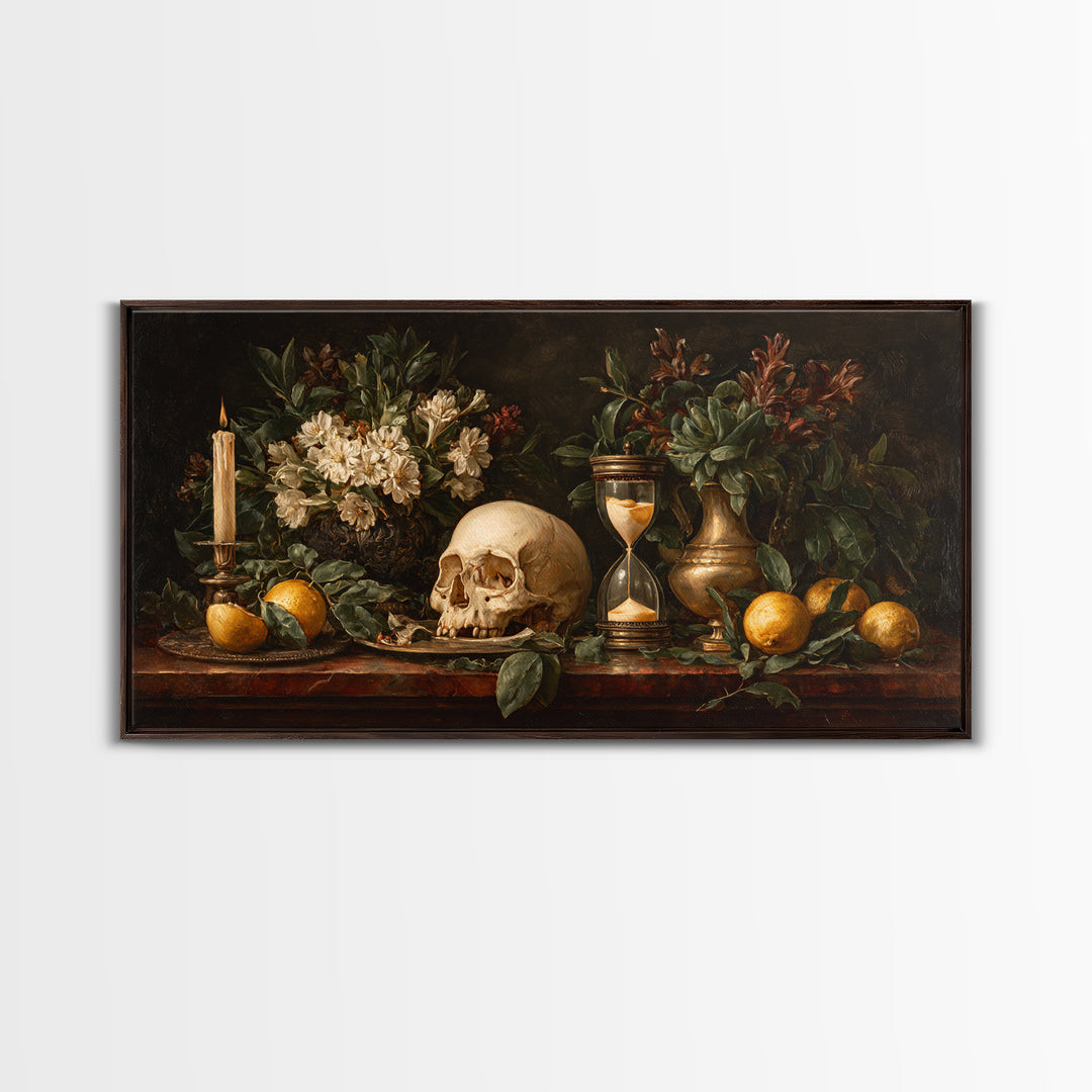 Skull and Hourglass Vanitas Still Life Canvas Print, Baroque Art, Luxury Decor, Living Room Decor, Ornate, Oil Painting, BAO-2x1-73