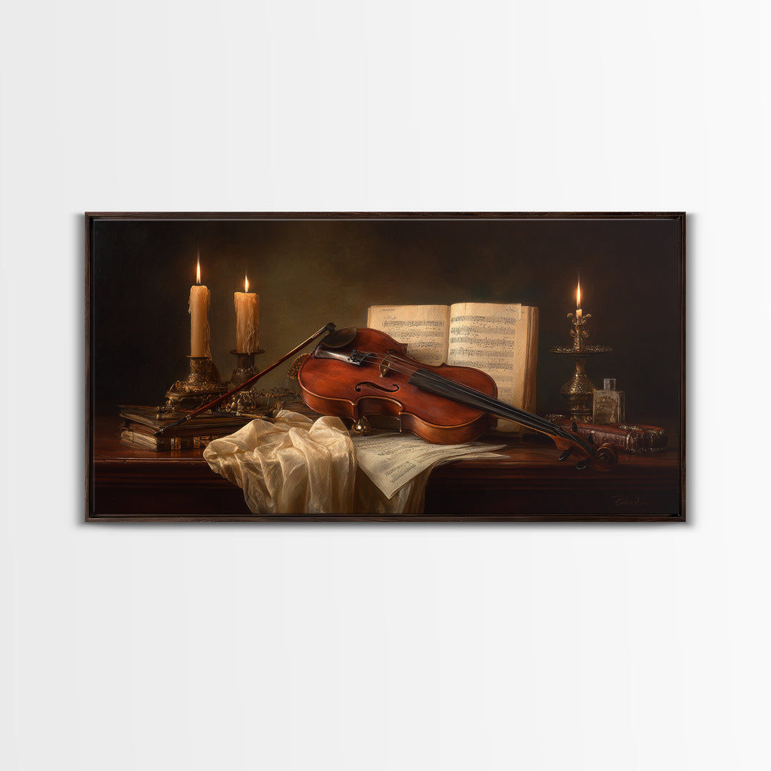 Baroque Violin and Sheet Music Still Life Framed Canvas Print, Baroque Art, Eclectic Wall Art, Living Room Decor, Ornate, BAO-2x1-79