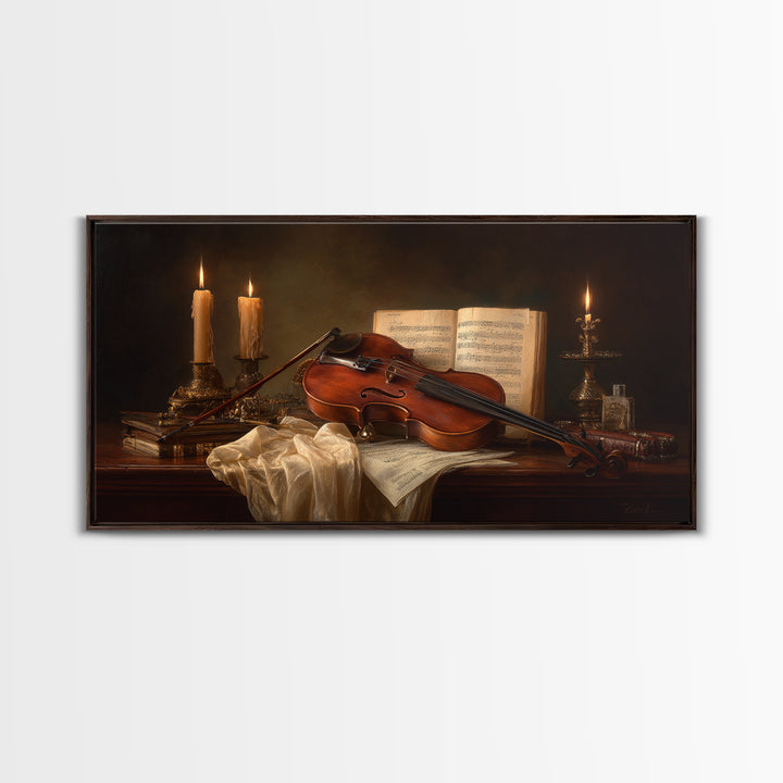 Baroque Violin and Sheet Music Still Life Framed Canvas Print, Baroque Art, Eclectic Wall Art, Living Room Decor, Ornate, BAO-2x1-79