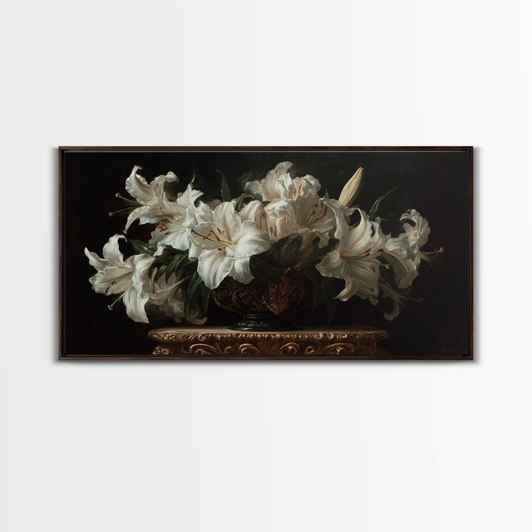 Dramatic White Lilies Framed Canvas Print, Baroque Art, Modern Wall Art, Living Room Decor, Fine Art, Ornate, Feminist Art, BAO-2x1-80
