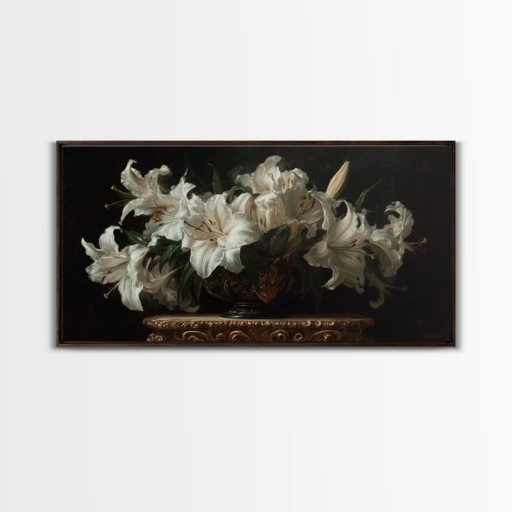 Dramatic White Lilies Framed Canvas Print, Baroque Art, Modern Wall Art, Living Room Decor, Fine Art, Ornate, Feminist Art, BAO-2x1-80