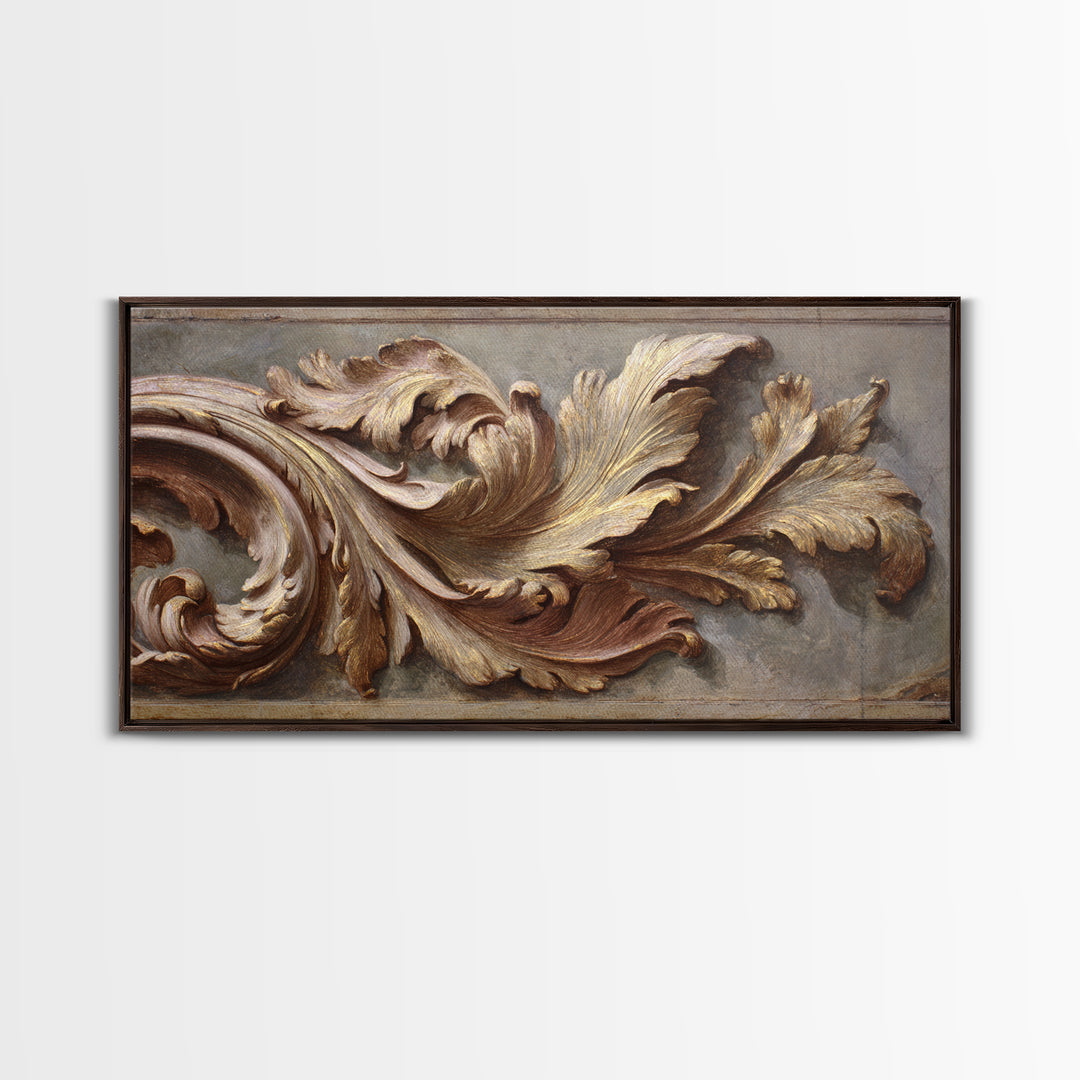 Carved Acanthus Leaf Ornament Study Framed Canvas Print, Baroque Art, Boho Decor, Living Room Decor, Oil Painting, Ornate, BAO-2x1-83