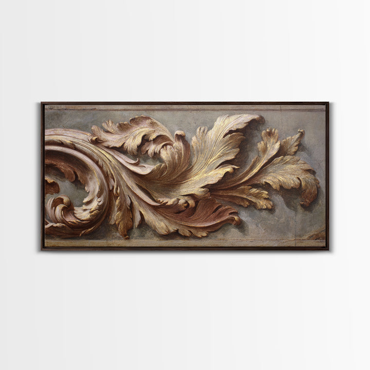 Carved Acanthus Leaf Ornament Study Framed Canvas Print, Baroque Art, Boho Decor, Living Room Decor, Oil Painting, Ornate, BAO-2x1-83