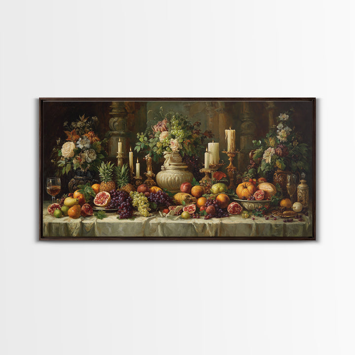 Lavish Banquet Fruit Composition Framed Canvas Print, Baroque Art, Whimsical Decor, Living Room Decor, Fine Art, Ornate, BAO-2x1-88