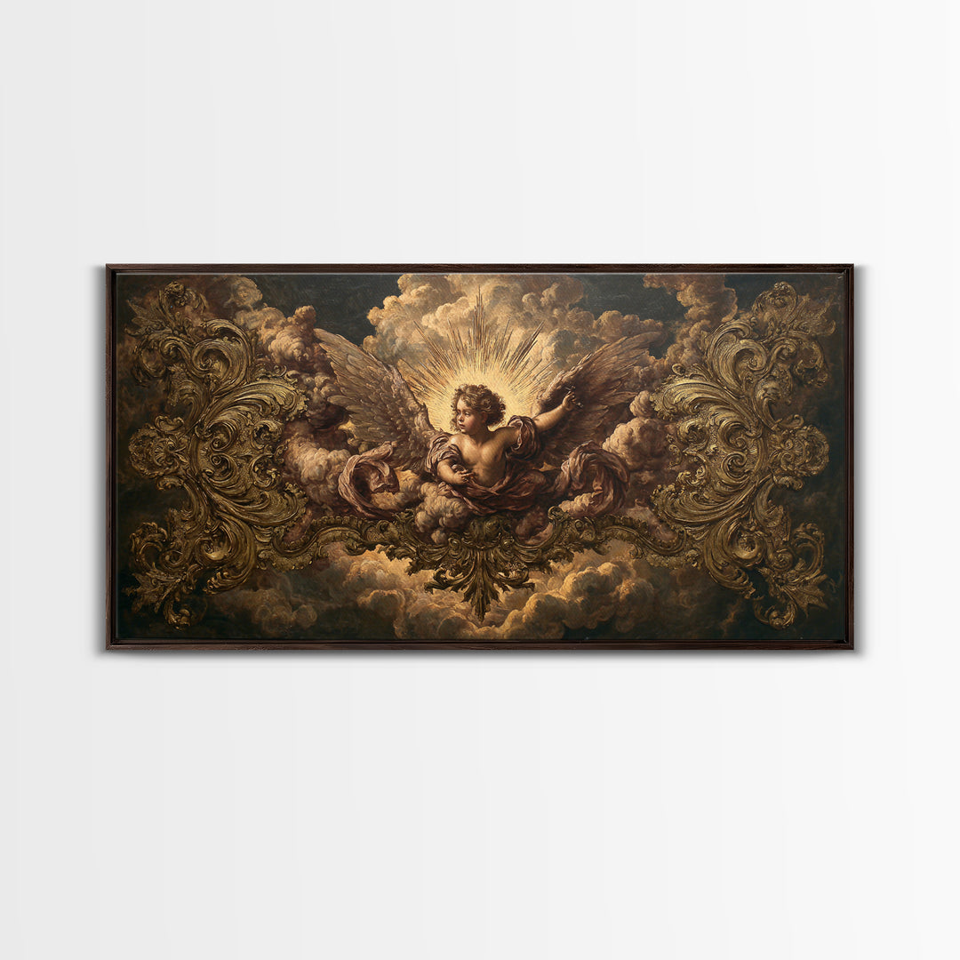 Ornate Cherub Figure Surrounded by Clouds and Canvas Print, Baroque Art, Luxury Decor, Living Room Decor, Fine Art, Ornate, BAO-2x1-94