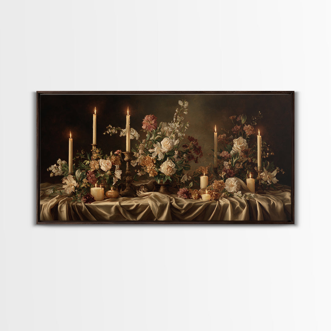 Velvet Drapery with Pearls Flowers and Candlelight Canvas Print, Baroque Art, Maximalist Decor, Living Room Decor, Ornate, BAO-2x1-95