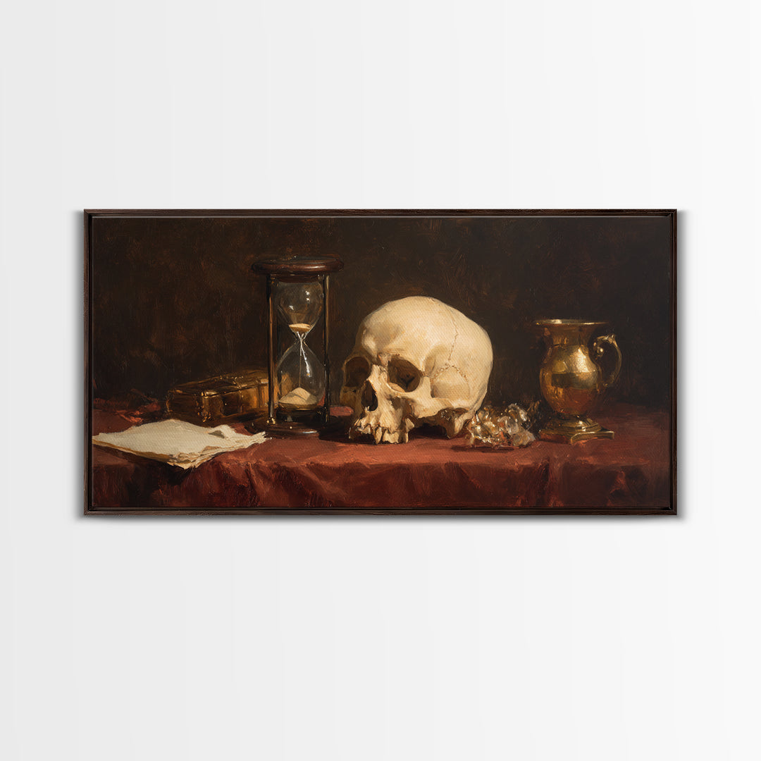 Skull and Hourglass Vanitas Still Life Framed Canvas Print, Baroque Art, Contemporary Art, Living Room Decor, Fine Art, Ornate, BAO-2x1-97
