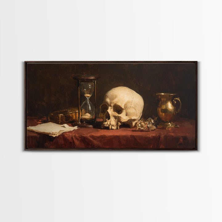 Skull and Hourglass Vanitas Still Life Framed Canvas Print, Baroque Art, Contemporary Art, Living Room Decor, Fine Art, Ornate, BAO-2x1-97