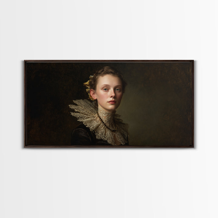 Classical Portrait with Lace Collar and Jewel Framed Canvas Print, Baroque Art, Oil Painting, Living Room Decor, Ornate, BAO-2x1-99
