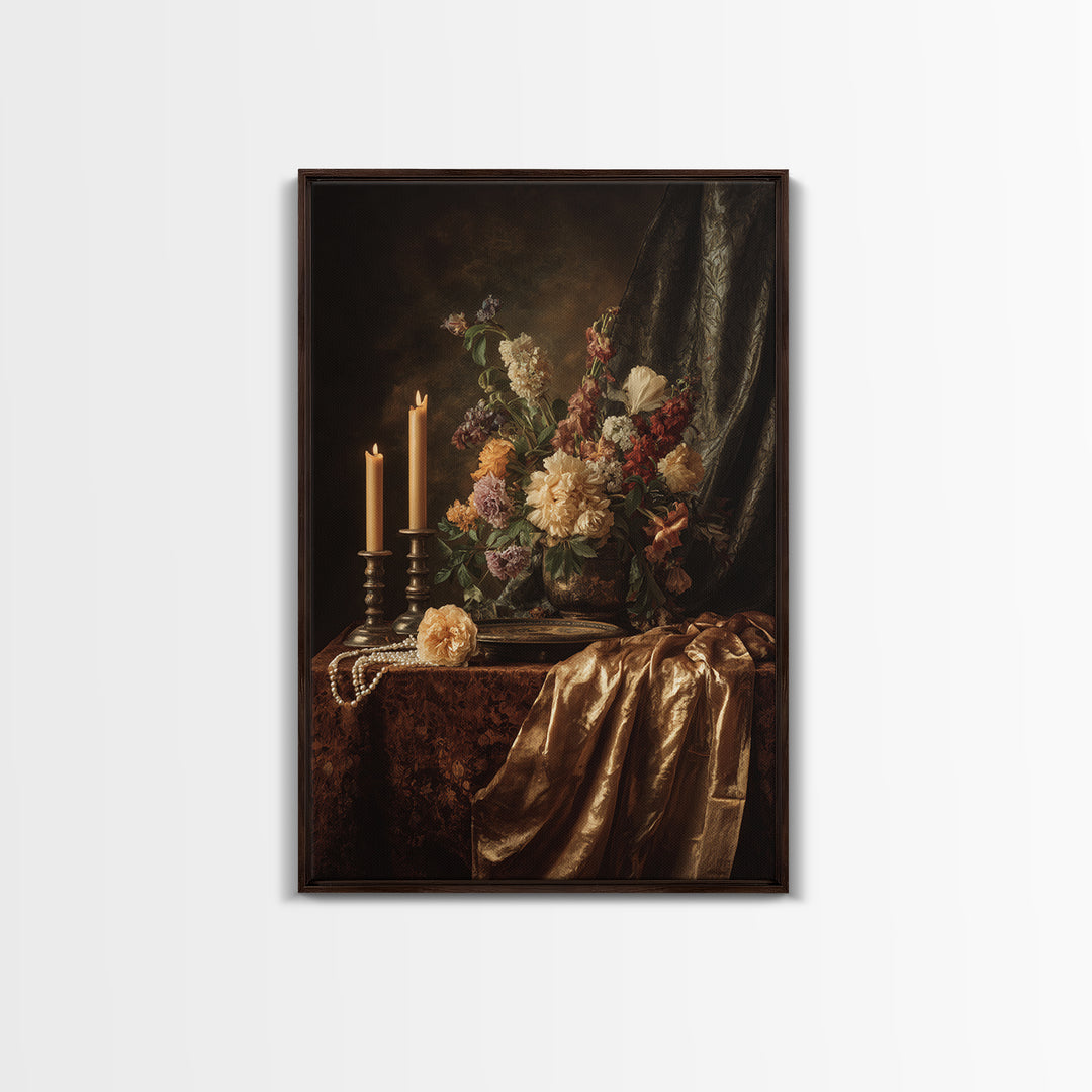 Velvet Drapery with Pearls Flowers and Candlelight Canvas Print, Baroque Art, Printable Art, Living Room Decor, Ornate, BAO-2x3-11