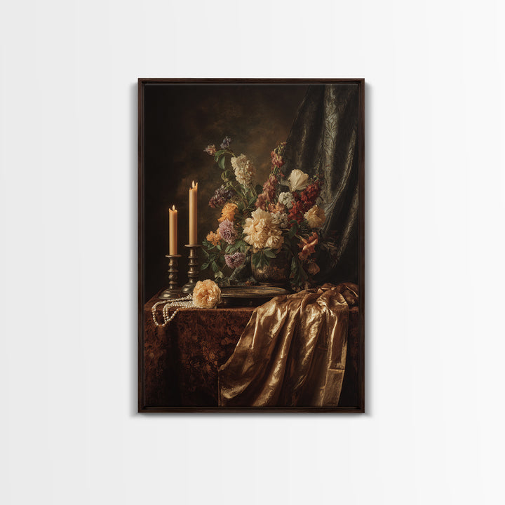 Velvet Drapery with Pearls Flowers and Candlelight Canvas Print, Baroque Art, Printable Art, Living Room Decor, Ornate, BAO-2x3-11