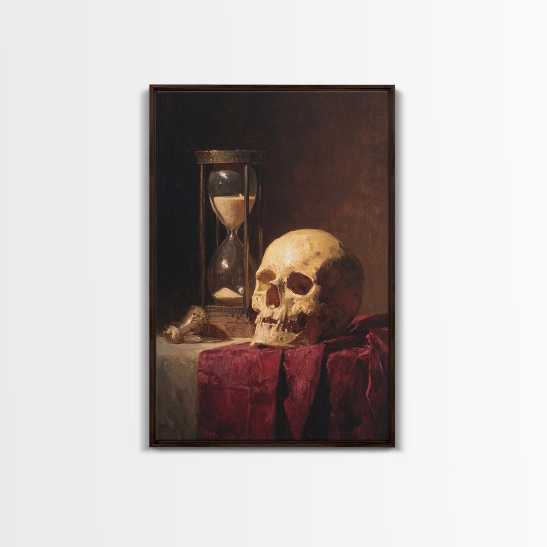 Skull and Hourglass Vanitas Still Life Framed Canvas Print, Baroque Art, Neutral Decor, Living Room Decor, Fine Art, Ornate, BAO-2x3-13