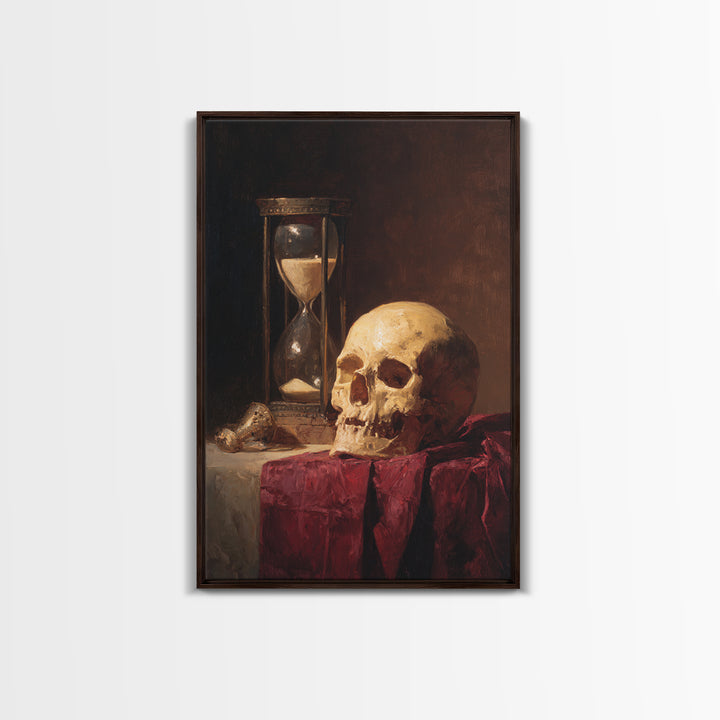 Skull and Hourglass Vanitas Still Life Framed Canvas Print, Baroque Art, Neutral Decor, Living Room Decor, Fine Art, Ornate, BAO-2x3-13