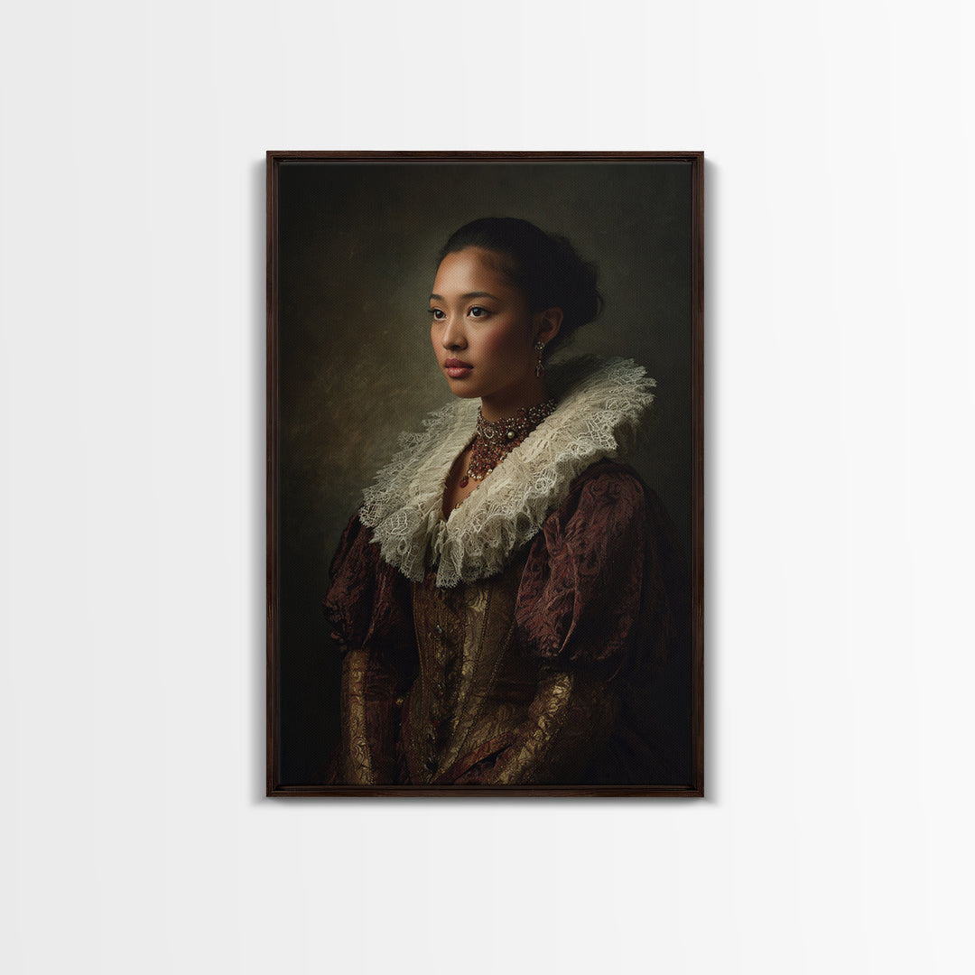 Classical Portrait with Lace Collar and Jewel Canvas Print, Baroque Art, Dark Academia Decor, Living Room Decor, Ornate, BAO-2x3-15