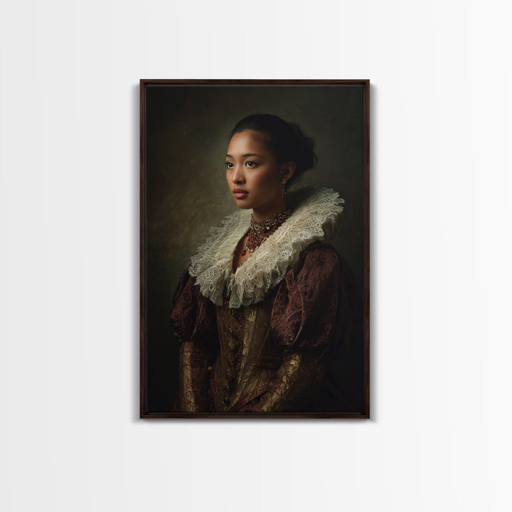 Classical Portrait with Lace Collar and Jewel Canvas Print, Baroque Art, Dark Academia Decor, Living Room Decor, Ornate, BAO-2x3-15