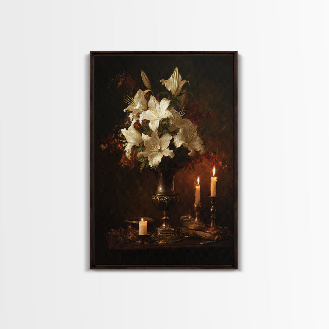 Dramatic White Lilies Framed Canvas Print, Baroque Art, Modern Decor, Living Room Decor, Oil Painting, Ornate, Poster, BAO-2x3-20