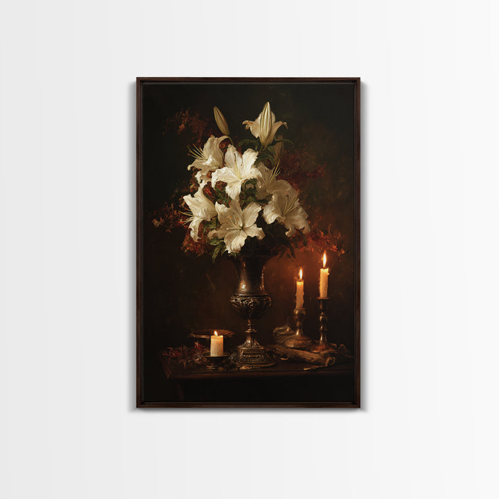 Dramatic White Lilies Framed Canvas Print, Baroque Art, Modern Decor, Living Room Decor, Oil Painting, Ornate, Poster, BAO-2x3-20