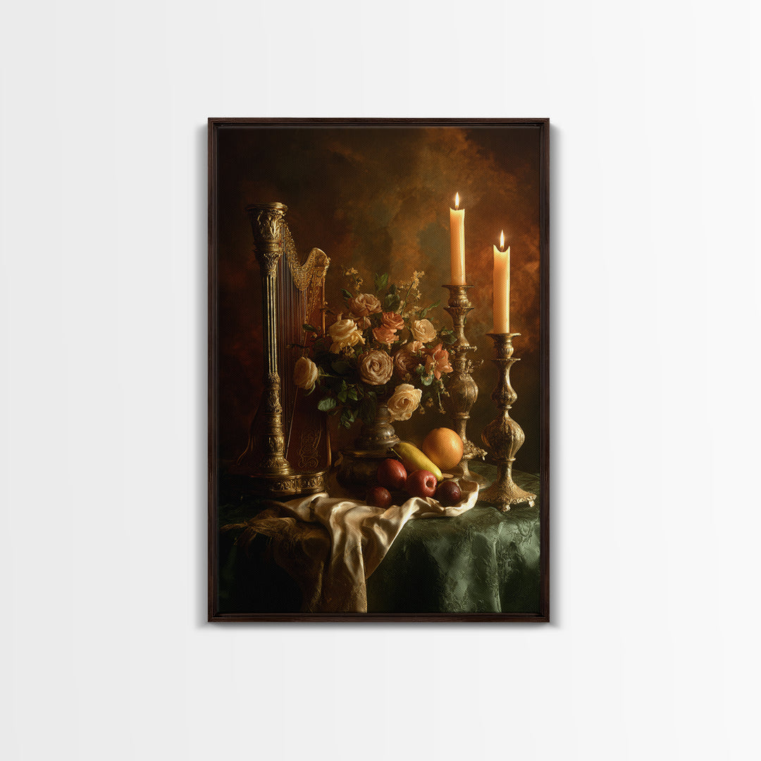 Golden Harp and Roses Framed Canvas Print, Baroque Art, Maximalist Wall Art, Living Room Decor, Abstract Art, Ornate, BAO-2x3-26