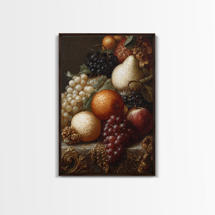 Lavish Banquet Fruit Composition Framed Canvas Print, Baroque Art, Textured Painting, Living Room Decor, Fine Art, Ornate, BAO-2x3-28